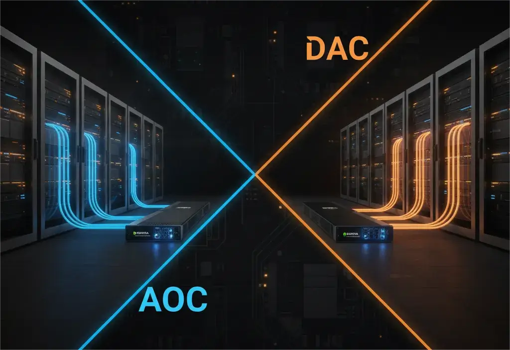 The image presents a split view within a dark, circuit-patterned data center. On the left, blue glowing cables labeled "AOC" connect server racks to an NVIDIA InfiniBand switch. On the right, orange glowing cables labeled "DAC" connect server racks to another NVIDIA InfiniBand switch. Diagonal blue and orange lines cross the center, visually comparing the two cabling types.