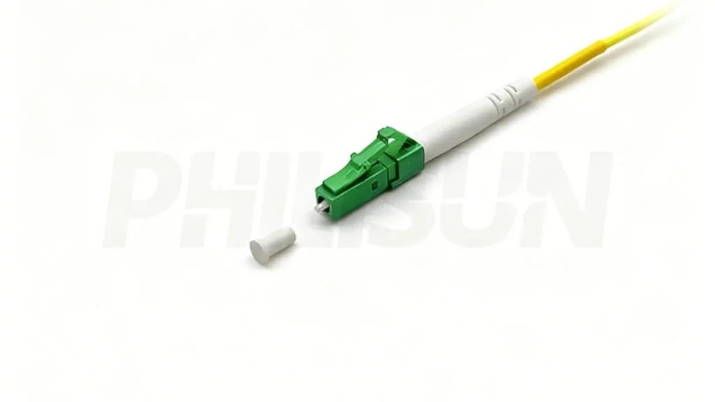 A close-up of a single LC fiber optic connector with a green housing and boot, attached to a yellow fiber optic cable. A white protective cap is removed and lies beside the connector on a white background.
