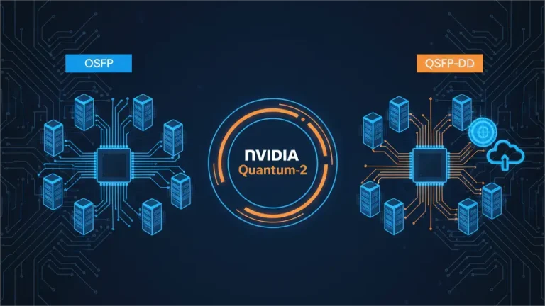 An infographic titled "800G OSFP vs QSFP-DD: Which Is Best for NVIDIA Quantum-2?" The image shows two contrasting network setups on a dark blue circuit board background. On the left, a blue-themed setup depicts "OSFP" with server racks and a central chip, connected by blue lines. On the right, an orange-themed setup depicts "QSFP-DD" with server racks, a central chip, and a cloud icon, connected by orange lines. In the center, a circle with "NVIDIA Quantum-2" links the two distinct sides, highlighting their integration. A legend at the bottom uses blue for OSFP and orange for QSFP-DD.