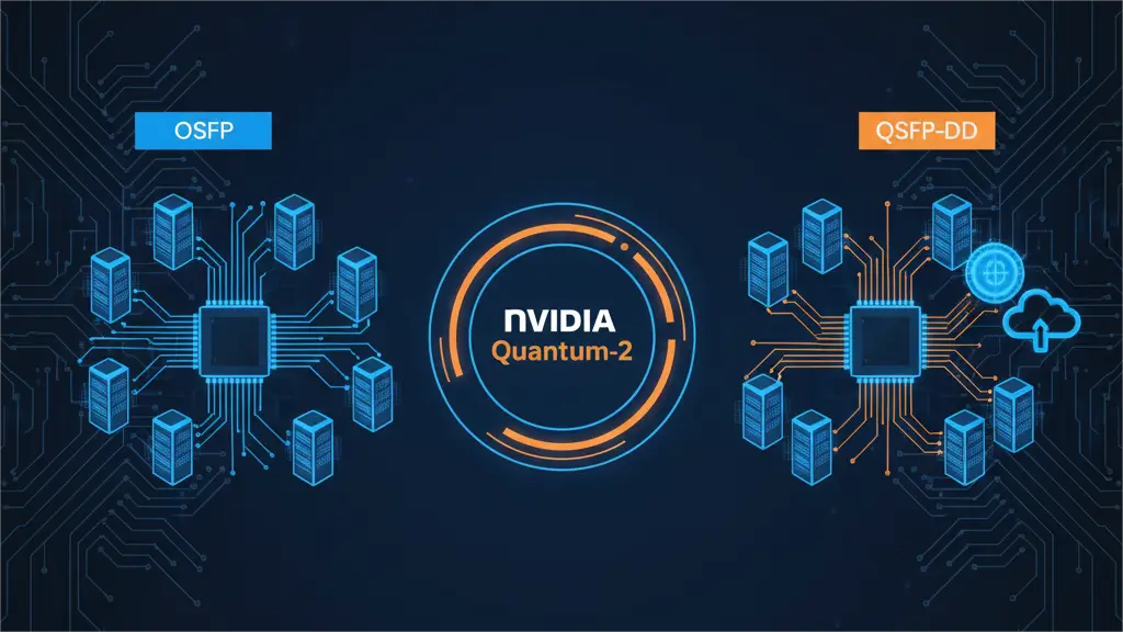 An infographic titled "800G OSFP vs QSFP-DD: Which Is Best for NVIDIA Quantum-2?" The image shows two contrasting network setups on a dark blue circuit board background. On the left, a blue-themed setup depicts "OSFP" with server racks and a central chip, connected by blue lines. On the right, an orange-themed setup depicts "QSFP-DD" with server racks, a central chip, and a cloud icon, connected by orange lines. In the center, a circle with "NVIDIA Quantum-2" links the two distinct sides, highlighting their integration. A legend at the bottom uses blue for OSFP and orange for QSFP-DD.