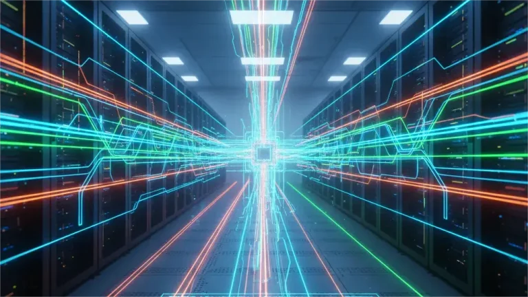 A futuristic data center aisle with rows of server racks on either side. Bright, glowing lines of blue, green, and orange light streak across the image, representing high-speed data flow and network connections. A central glowing square on the floor acts as a hub for these connections. The floor has glowing circuit-like patterns and holographic interface displays, emphasizing advanced technology and rapid data processing.