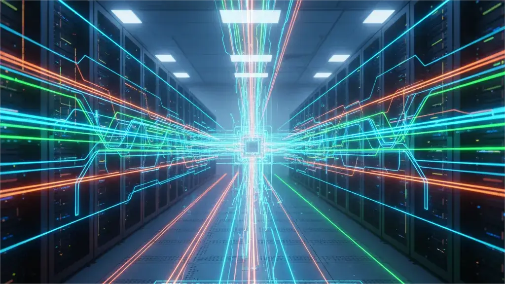A futuristic data center aisle with rows of server racks on either side. Bright, glowing lines of blue, green, and orange light streak across the image, representing high-speed data flow and network connections. A central glowing square on the floor acts as a hub for these connections. The floor has glowing circuit-like patterns and holographic interface displays, emphasizing advanced technology and rapid data processing.