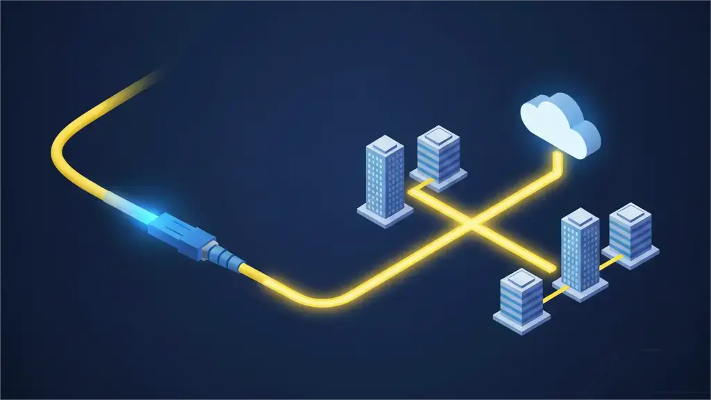An isometric illustration showing a yellow optical fiber cable with a glowing blue connector extending from the left. The cable connects to a network of interconnected blue and white buildings and a white cloud icon, all arranged on a dark blue background with faint circuit patterns. The scene visually represents fiber optic connectivity for long-reach networks, data centers, and cloud services.