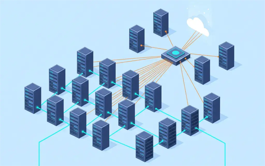 An infographic titled "100GBASE-SR4 vs 100GBASE-CWDM4 Transceivers: Which One Powers Your Data Center Best?" It shows a data center network layout on a light blue background. Several server racks are connected. Blue lines represent 100GBASE-SR4 (Short Reach) connections, primarily for within-rack or short distances. Orange lines represent 100GBASE-CWDM4 (Long Reach) connections, extending to a cloud icon, indicating longer reach for inter-rack or campus links.