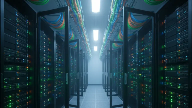 A long, symmetrical aisle in a modern data center with rows of server racks extending into the misty distance. The racks have glowing green and orange indicator lights. Overhead, bundles of colorful network cables (blue, green, orange) run along the ceiling. The floor is made of raised, perforated tiles.