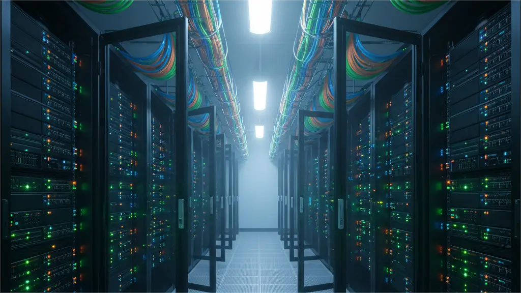 A long, symmetrical aisle in a modern data center with rows of server racks extending into the misty distance. The racks have glowing green and orange indicator lights. Overhead, bundles of colorful network cables (blue, green, orange) run along the ceiling. The floor is made of raised, perforated tiles.