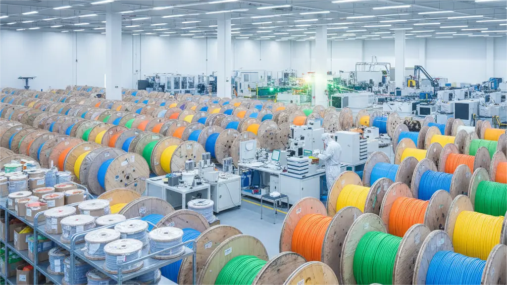 A brightly lit, spacious factory floor of a fiber optic cable supplier. Hundreds of large wooden spools are neatly arranged in rows, holding colorful fiber optic cables in yellow, blue, green, and orange. In the background, there is machinery and workers on the production line, indicating manufacturing processes. Shelves with smaller spools and packaged cables are visible in the foreground.
