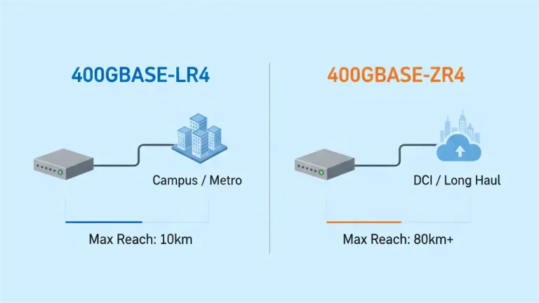 An infographic titled "How Far Can Your 400G Network Go? Comparing LR4 and Reach." It visually compares 400GBASE-LR4 and 400GBASE-ZR4 transceiver reach. On the left, a 400GBASE-LR4 transceiver is shown connecting to a "Campus / Metro" area (represented by buildings), with a maximum reach of 10km. On the right, a 400GBASE-ZR4 transceiver connects to "DCI / Long Haul" (represented by buildings and a cloud icon), with a maximum reach of 80km+.