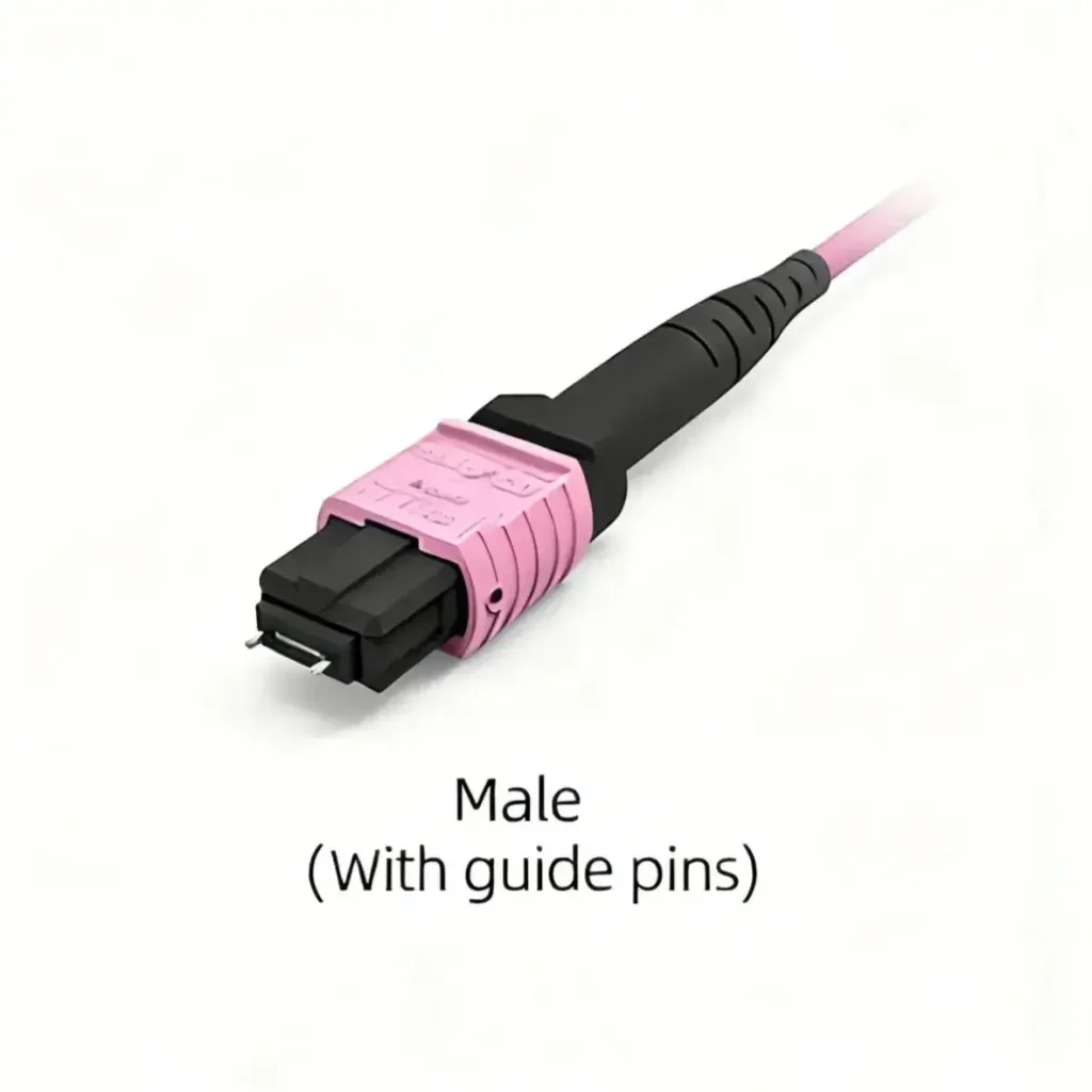 A close-up of a pink MPO/MTP male connector with visible guide pins, attached to a pink fiber optic cable. The text "Male (With guide pins)" is displayed below the connector on a white background.