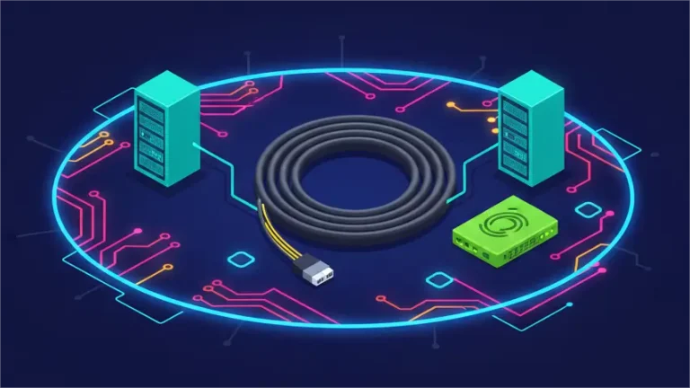An infographic titled "MPO Fiber Cabling: High-Density Data Center Connectivity." A vibrant illustration shows two server racks connected by an MPO fiber cable to a network switch, all on a circuit board background.