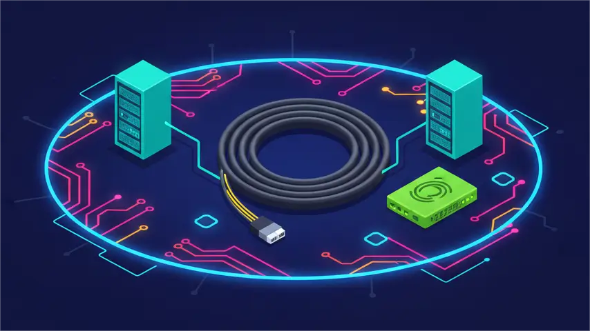 An infographic titled "MPO Fiber Cabling: High-Density Data Center Connectivity." A vibrant illustration shows two server racks connected by an MPO fiber cable to a network switch, all on a circuit board background.
