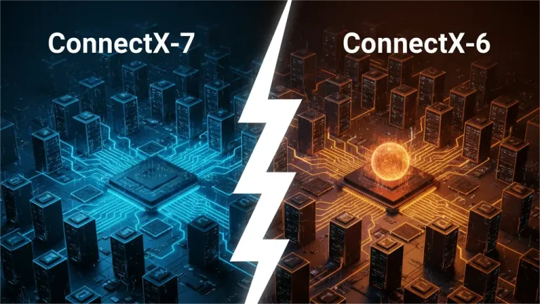 An infographic comparing NVIDIA ConnectX-7 and ConnectX-6. On the left, labeled "ConnectX-7", is a futuristic blue-lit cityscape of servers with intricate glowing circuits, representing advanced AI/HPC infrastructure. On the right, labeled "ConnectX-6", is a warm orange-lit cityscape of servers with glowing circuits, representing current AI/HPC infrastructure. A white lightning bolt symbol separates the two sides, indicating a comparison.