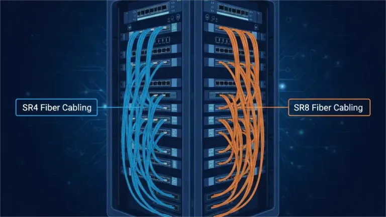 The central image shows an open server rack with two distinct sections of fiber optic cabling. On the left, blue cables represent "SR4 Fiber Cabling," showing a configuration typically used for four-lane connections. On the right, orange cables represent "SR8 Fiber Cabling," illustrating a configuration for eight-lane connections, indicating higher density or capacity. The background is a dark blue circuit board pattern.