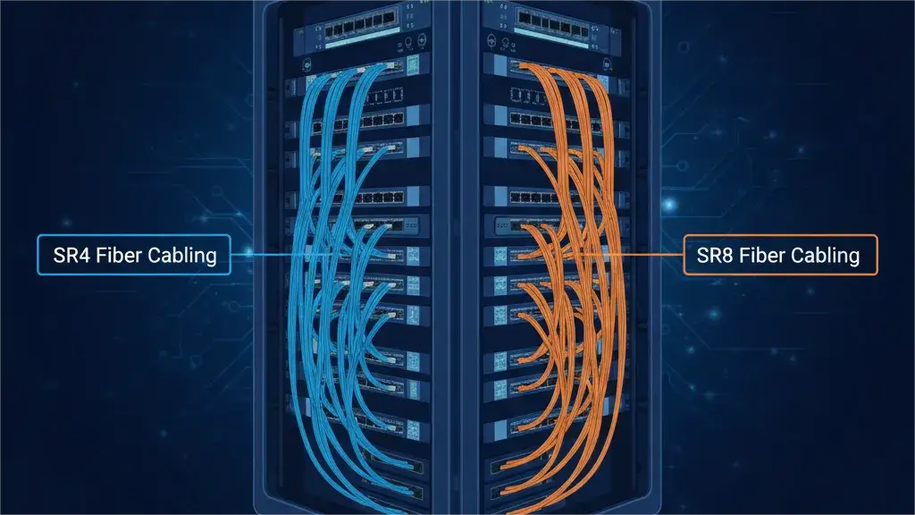 The central image shows an open server rack with two distinct sections of fiber optic cabling. On the left, blue cables represent "SR4 Fiber Cabling," showing a configuration typically used for four-lane connections. On the right, orange cables represent "SR8 Fiber Cabling," illustrating a configuration for eight-lane connections, indicating higher density or capacity. The background is a dark blue circuit board pattern.