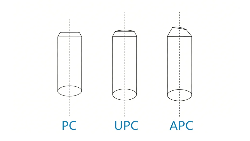 A simple line drawing illustrating three different fiber optic connector end-face polishing types. From left to right: PC (Physical Contact) with a flat end face, UPC (Ultra Physical Contact) with a slightly rounded end face, and APC (Angled Physical Contact) with an 8-degree angled end face. Each type is labeled below.