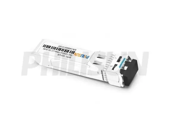 A white small form-factor pluggable (SFP) optical transceiver module, showing the LC connector port and product details, including 'SFP+ 10G 1310nm 20km LC DX' for high-speed fiber optic data transmission.