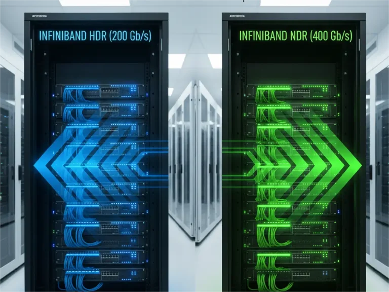 Comparison graphic of two server racks side-by-side, illustrating the data rates of InfiniBand HDR (200 Gb/s) and the faster InfiniBand NDR (400 Gb/s), with a large blue arrow representing the former and a large green arrow representing the latter.