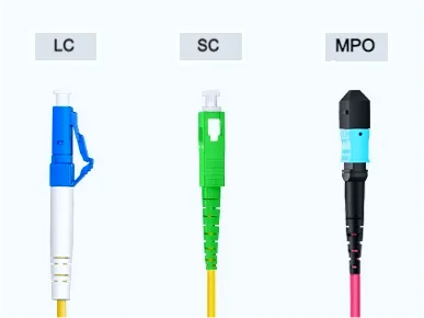 Comparison image of three multi-fiber push-on (MPO) style connectors: MTP®, MTP® PRO, and MPO, all featuring a light-blue housing used for high-density fiber optic cabling.
