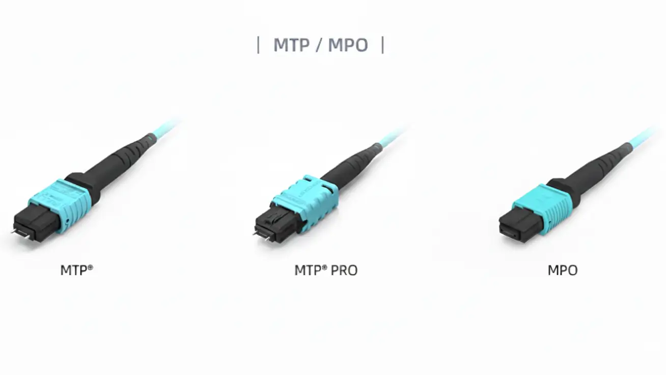 MTP PRO, MTP, and MPO connectors comparison, showing three types of blue multi-fiber push-on connectors used for high-density fiber optic cabling in data centers.