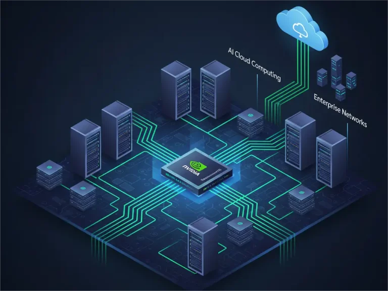 An infographic titled "NVIDIA Spectrum-XGS: Powering Next-Gen AI Data Centers." The central image shows an NVIDIA Spectrum-XGS chip on a glowing green circuit board, surrounded by numerous server racks. Green lines connect the chip to these servers and extend to abstract representations of "AI Cloud Computing" (a cloud icon) and "Enterprise Networks" (smaller server racks), illustrating its role in various high-performance network applications.