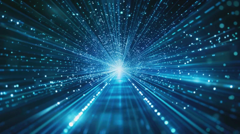 Abstract digital background representing high-speed data flow through a network, featuring bright blue light streaks and dots converging toward a central vanishing point, symbolizing fiber optic transmission or the digital highway.