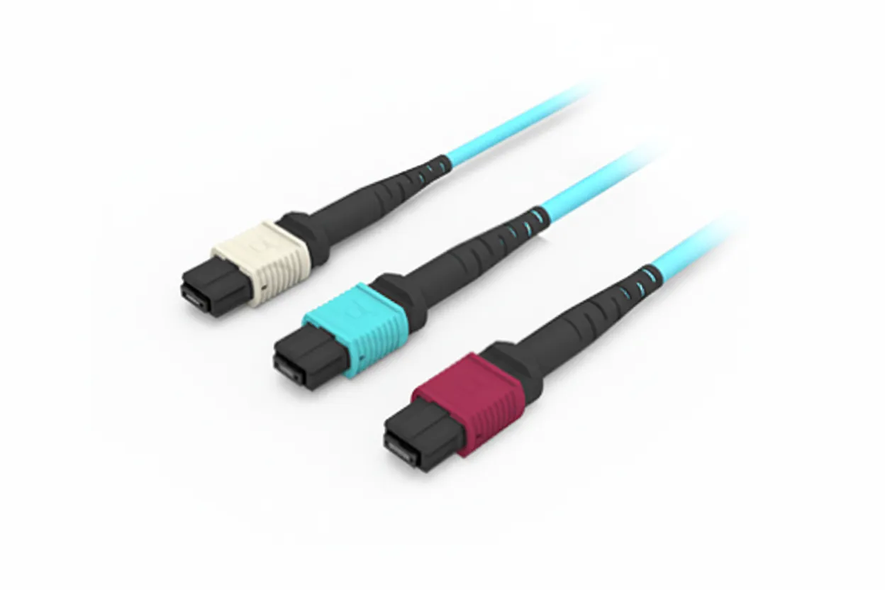 Three high-density MPO fiber optic connectors with light blue cables, showing different colored boots (white, teal, and magenta) that often indicate fiber type or polish (UPC/APC).