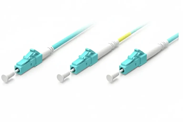 Three light blue simplex LC fiber optic connectors arranged side-by-side on a white background. Each connector has a white boot and is attached to a light blue cable, with a protective white cap removed and resting near the ferrule. The middle cable has a short yellow band near the connector. The image illustrates the visual appearance of LC simplex connectors.