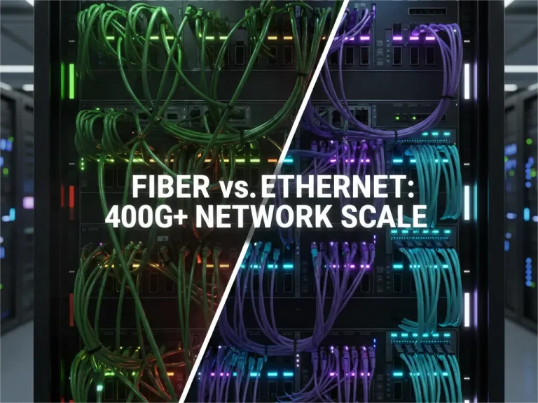 Comparison graphic titled 'FIBER vs. ETHERNET: 400G+ NETWORK SCALE,' showing a data center server rack split into two halves, one with green fiber optic cables and the other with purple Ethernet (copper) cables, to illustrate high-speed networking differences.