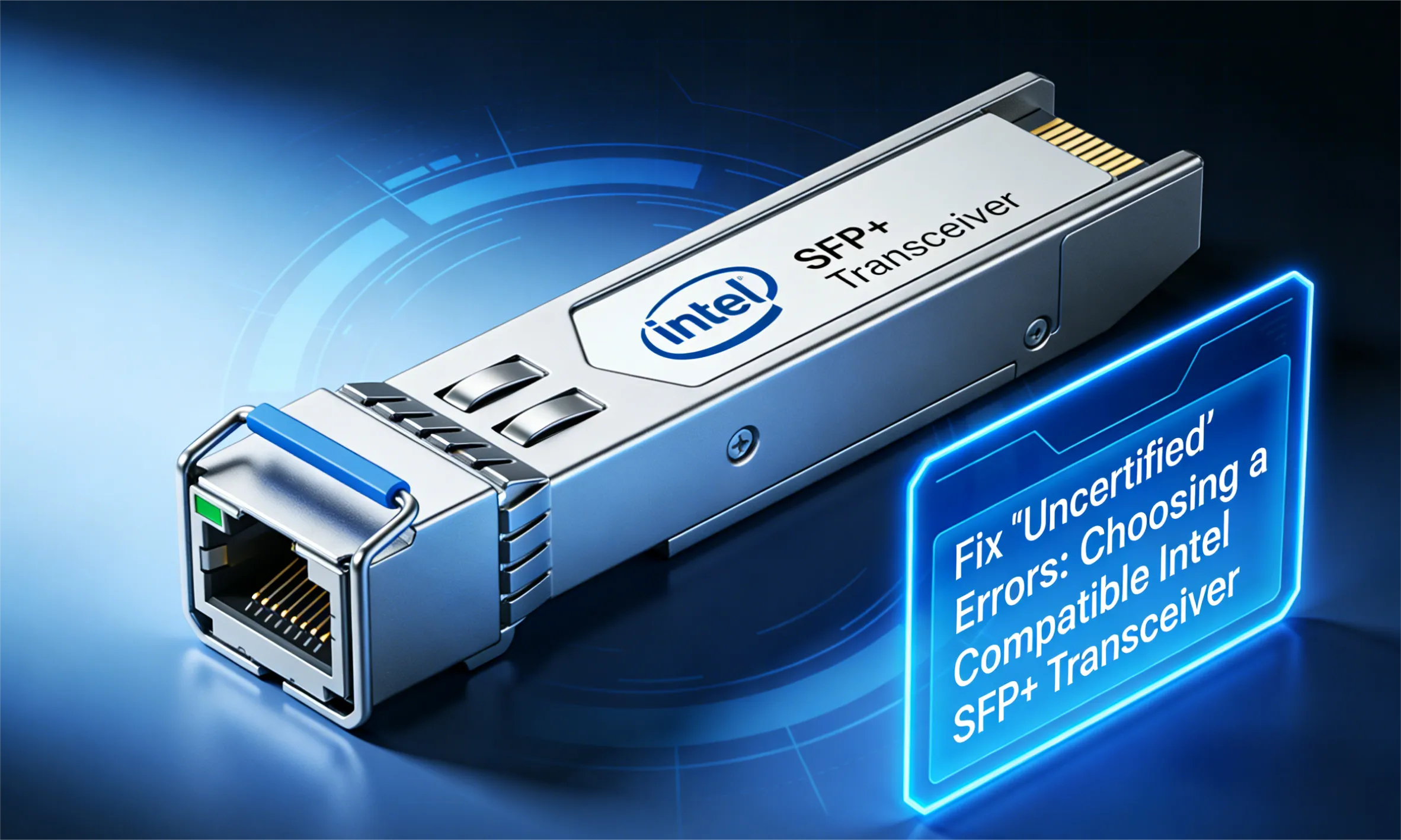Close-up of a silver Intel SFP+ Transceiver module with an integrated RJ45 connector, set against a blue glowing background with the text overlay 'Fix "Uncertified" Errors: Choosing a Compatible Intel SFP+ Transceiver.'