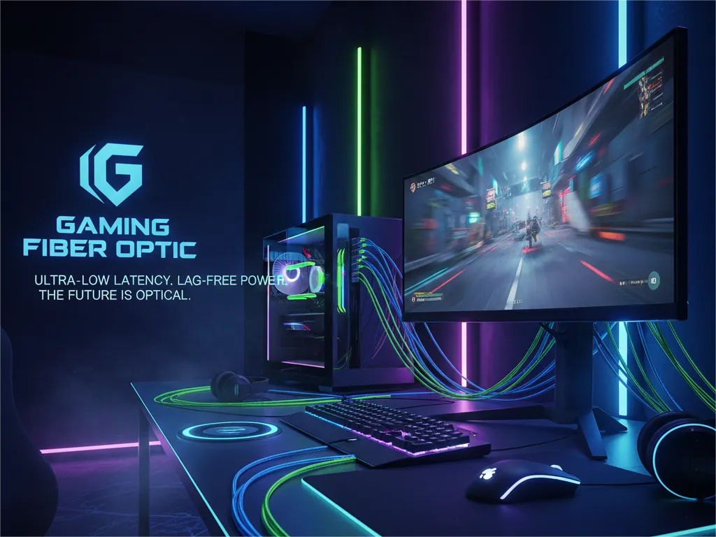 High-tech gaming setup with a curved monitor displaying gameplay, a desktop PC with RGB lighting, and fiber optic cables woven into the desk and connecting peripherals, promoting ultra-low latency fiber optic power for gaming.