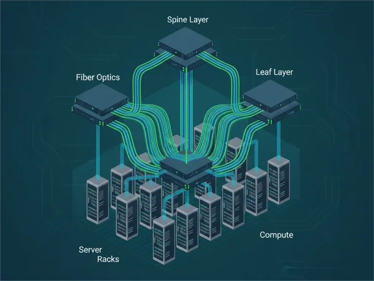 An infographic titled "How Do Fiber Optics and Spine-Leaf Define Enterprise Data Centers?" The image displays an isometric diagram of a data center network architecture. It features a central "Spine Layer" switch connecting via glowing green "Fiber Optics" cables to multiple "Leaf Layer" switches. These Leaf Layer switches then connect to numerous "Server Racks" or "Compute" units. The network diagram is set against a dark background with faint circuit board patterns, illustrating the interconnectedness of a spine-leaf topology.