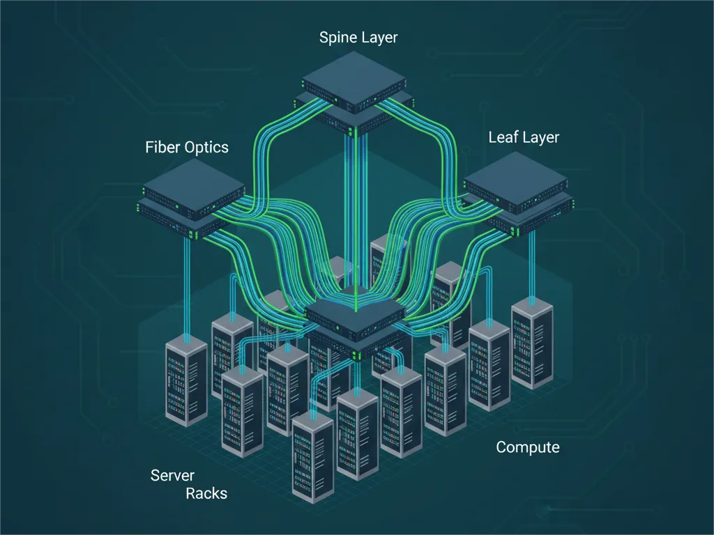 An infographic titled "How Do Fiber Optics and Spine-Leaf Define Enterprise Data Centers?" The image displays an isometric diagram of a data center network architecture. It features a central "Spine Layer" switch connecting via glowing green "Fiber Optics" cables to multiple "Leaf Layer" switches. These Leaf Layer switches then connect to numerous "Server Racks" or "Compute" units. The network diagram is set against a dark background with faint circuit board patterns, illustrating the interconnectedness of a spine-leaf topology.