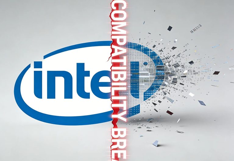 Graphic showing the Intel logo on the left, separated by a red jagged line with the text "COMPATIBILITY BREAK," from a stylized, fragmented version of the logo on the right, suggesting a compatibility crisis or break.