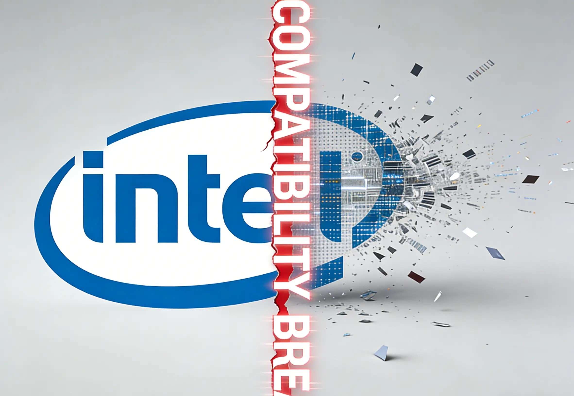 Graphic showing the Intel logo on the left, separated by a red jagged line with the text "COMPATIBILITY BREAK," from a stylized, fragmented version of the logo on the right, suggesting a compatibility crisis or break.