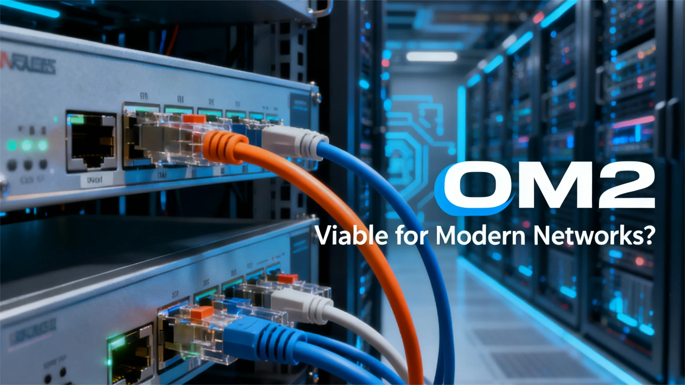 A close-up shot of network switches in a dimly lit data center, with rows of server racks visible in the background. The title "OM2 Viable for Modern Networks?" is prominently displayed in the foreground, with "OM2" in large, stylized blue and white letters. Two network switches are shown in the foreground with patch cables (orange and blue) connected to their ports, emphasizing a real-world network environment where OM2 fiber might be used.