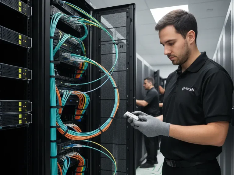 A technician wearing gloves holding an optical transceiver module in a data center server room, with dense teal and orange fiber optic patch cords neatly managed in the open rack cabinet beside him.