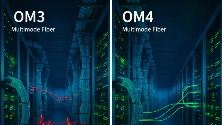 Comparison graphic of OM3 (Multimode Fiber, red light streams) and OM4 (Multimode Fiber, green light streams) in a server room, illustrating the difference in their bandwidth and transmission distance capabilities.