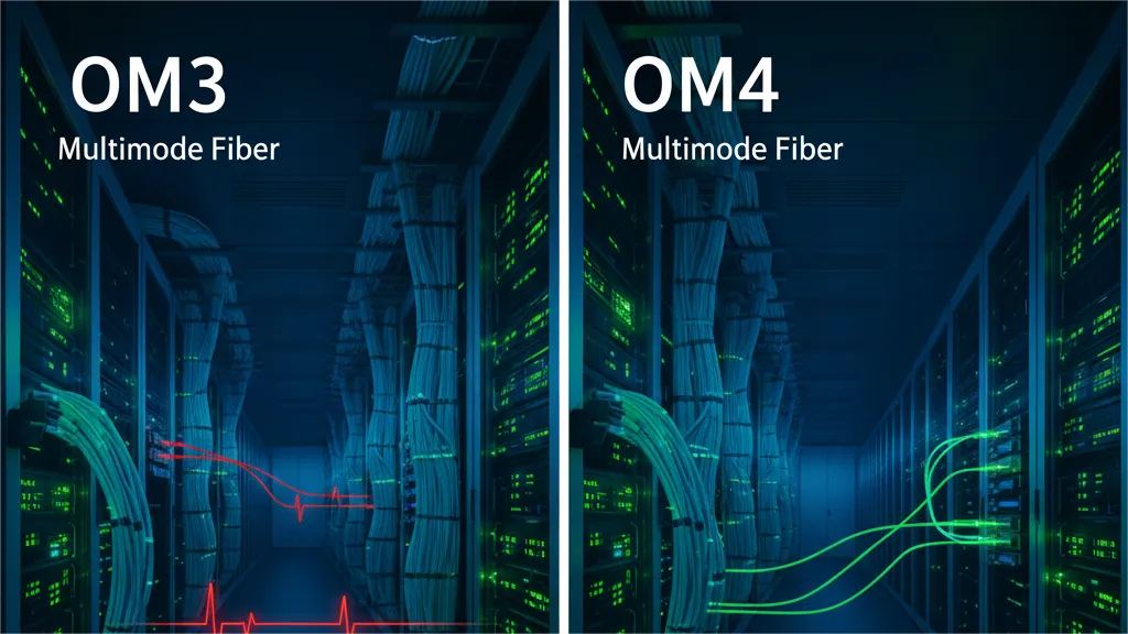 Comparison graphic of OM3 (Multimode Fiber, red light streams) and OM4 (Multimode Fiber, green light streams) in a server room, illustrating the difference in their bandwidth and transmission distance capabilities.