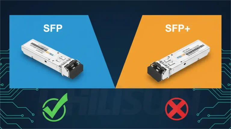 An infographic titled "SFP vs SFP+: Why Choose the 1000BASE-SX SFP Module?" The image is split into two sections: "SFP" on the left with a blue background and "SFP+" on the right with an orange background. Below each title is an actual image of the respective transceiver module. Below the SFP module is a green checkmark (✓). Below the SFP+ module is an orange X mark (×). At the bottom, the SFP side has "Short Reach / Cost-Effective" written beneath it, and the SFP+ side has "High Bandwidth / Long Reach" written beneath it, comparing their primary use cases.