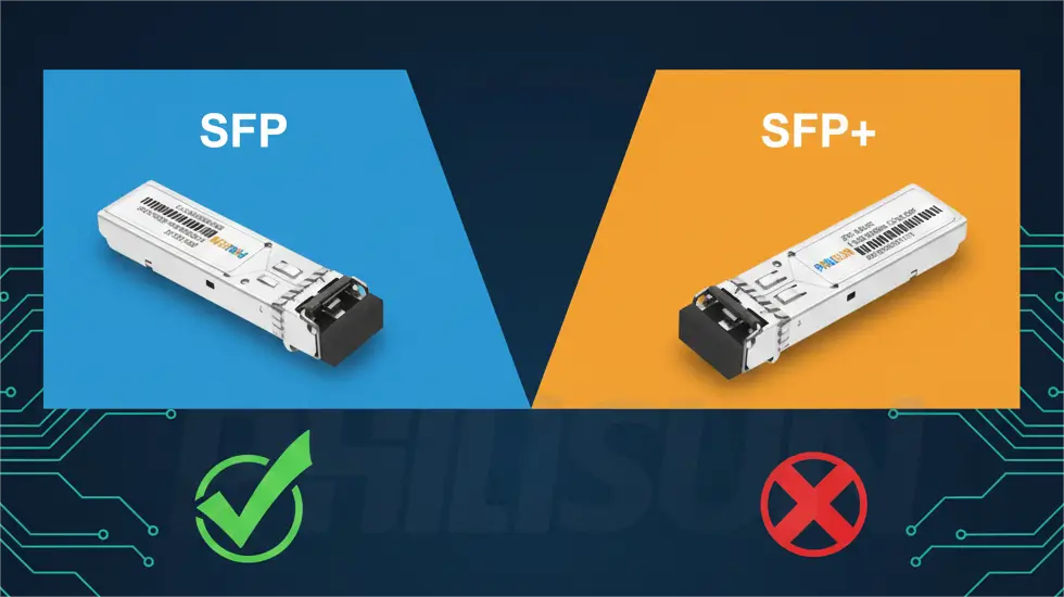 An infographic titled "SFP vs SFP+: Why Choose the 1000BASE-SX SFP Module?" The image is split into two sections: "SFP" on the left with a blue background and "SFP+" on the right with an orange background. Below each title is an actual image of the respective transceiver module. Below the SFP module is a green checkmark (✓). Below the SFP+ module is an orange X mark (×). At the bottom, the SFP side has "Short Reach / Cost-Effective" written beneath it, and the SFP+ side has "High Bandwidth / Long Reach" written beneath it, comparing their primary use cases.