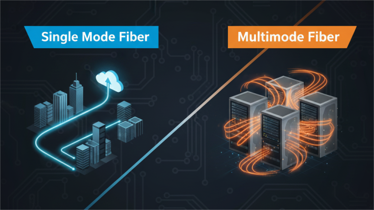 An infographic titled "SINGLE MODE OR MULTIMODE: Which Fiber Type Is Right for Your Network?" The image is split diagonally. The left side, representing "Single Mode Fiber," features a blue-toned cityscape connected to a cloud icon by glowing blue lines, set against a dark circuit board background. The right side, representing "Multimode Fiber," shows a cluster of server racks with glowing orange data flows around them, also against the dark circuit board background.