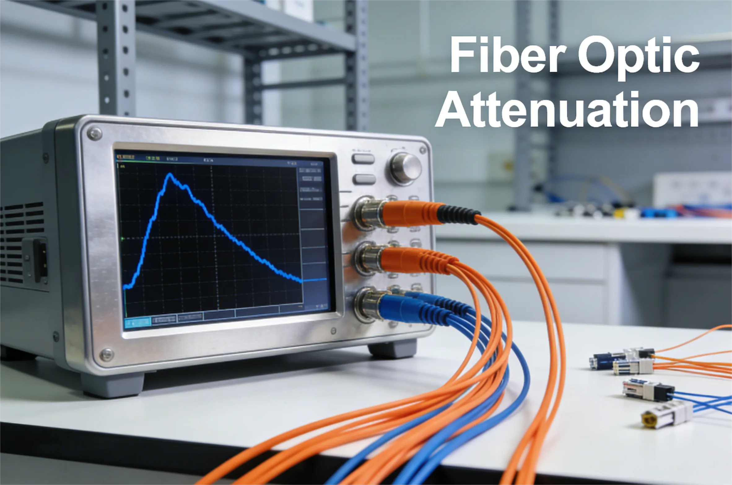 Fiber optic attenuation testing equipment on a lab bench, displaying a blue attenuation trace curve on the screen, with multiple orange and blue fiber optic patch cords connected for testing.