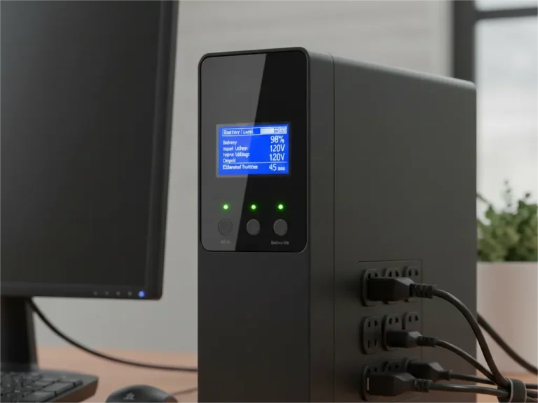 A compact black Uninterruptible Power Supply (UPS) unit with a digital screen showing battery status (98% level, 45 minutes runtime) and power outlets on the side, next to a computer monitor on a desk.