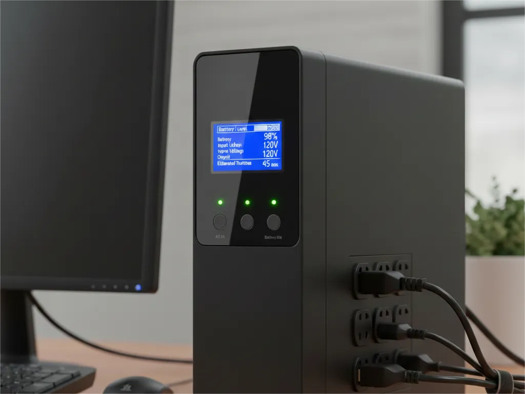 A compact black Uninterruptible Power Supply (UPS) unit with a digital screen showing battery status (98% level, 45 minutes runtime) and power outlets on the side, next to a computer monitor on a desk.
