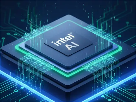 Close-up, stylized view of an Intel AI processor chip (likely Gaudi 3) centered on a circuit board, glowing with blue and green light streaks representing high-speed data flow and its 48 Tbps I/O capability.