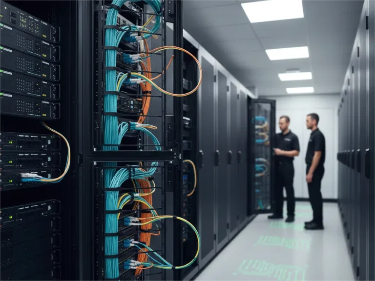 Interior view of a modern data center with rows of black rack cabinets, showing neat fiber optic cable management with bright blue and orange patch cords, emphasizing the importance of proper cable bend radius to prevent signal loss. Two technicians are standing in the aisle.