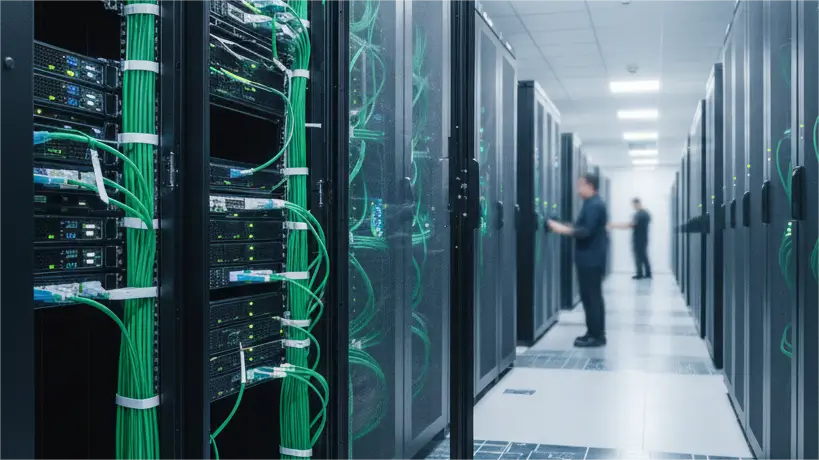 Interior view of a modern data center server room with rows of black rack cabinets, showing dense green fiber optic cable management and blurry figures of technicians working in the aisle.