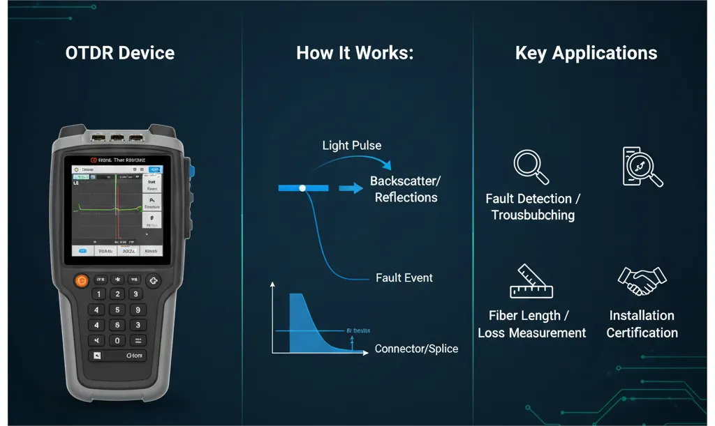 Infographic detailing the OTDR (Optical Time-Domain Reflectometer) device, showing a handheld tester, a diagram of a light pulse generating backscatter and reflections, and key applications including Fault Detection, Loss Measurement, and Installation Certification.