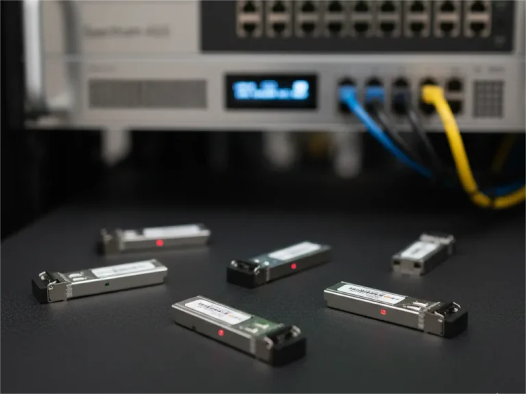 A close-up view of six silver SFP (Small Form-factor Pluggable) optical transceiver modules lying on a black surface, with a blurred network switch or router in the background.