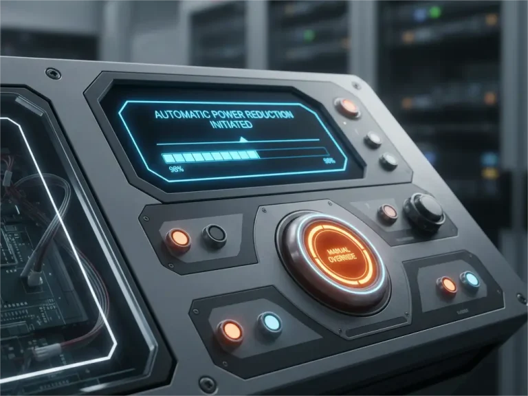 Close-up of a futuristic-looking control panel in a server room, displaying a digital message reading "AUTOMATIC POWER REDUCTION INITIATED" and a large button labeled "MANUAL OVERRIDE," indicating a laser safety feature in fiber optic equipment.